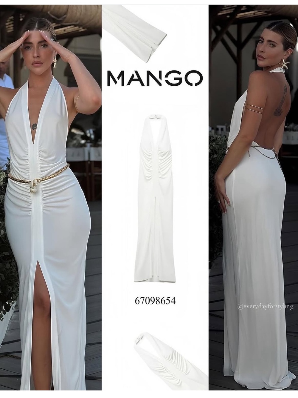Mango MNG - white ruched v neck split front halter open back maxi dress
